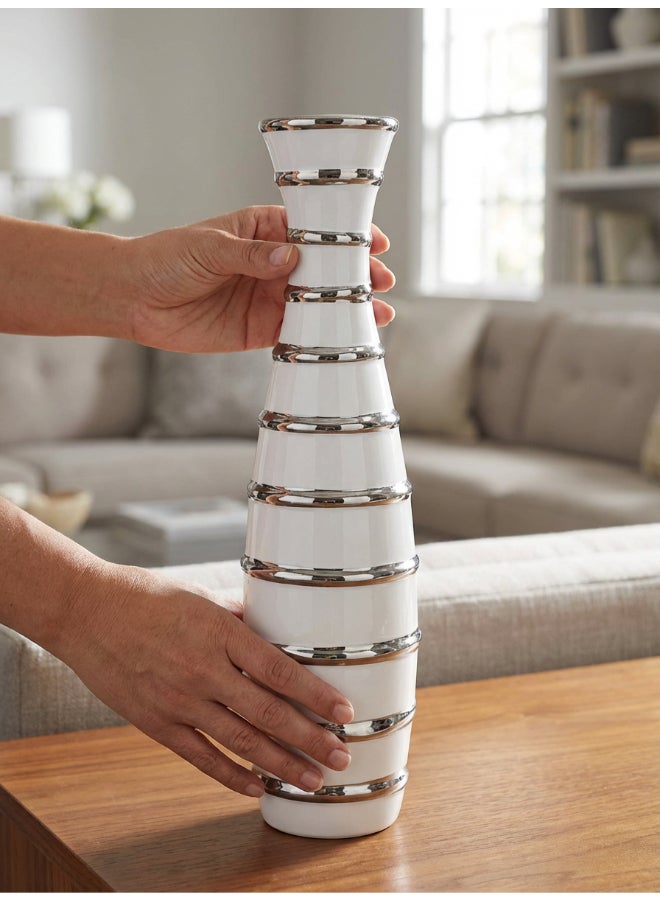 ايست من نون Ceramic Vase for Floral Decorative arrangement, Ht-40 cm |  Silver White Color | Ribbed Rays Design | Size -9.5x9.5x40.2 cm | Perfect for decorativing your living room, Ideal for decorating coffee table, dinning table, console table or any office or living space - Image 3